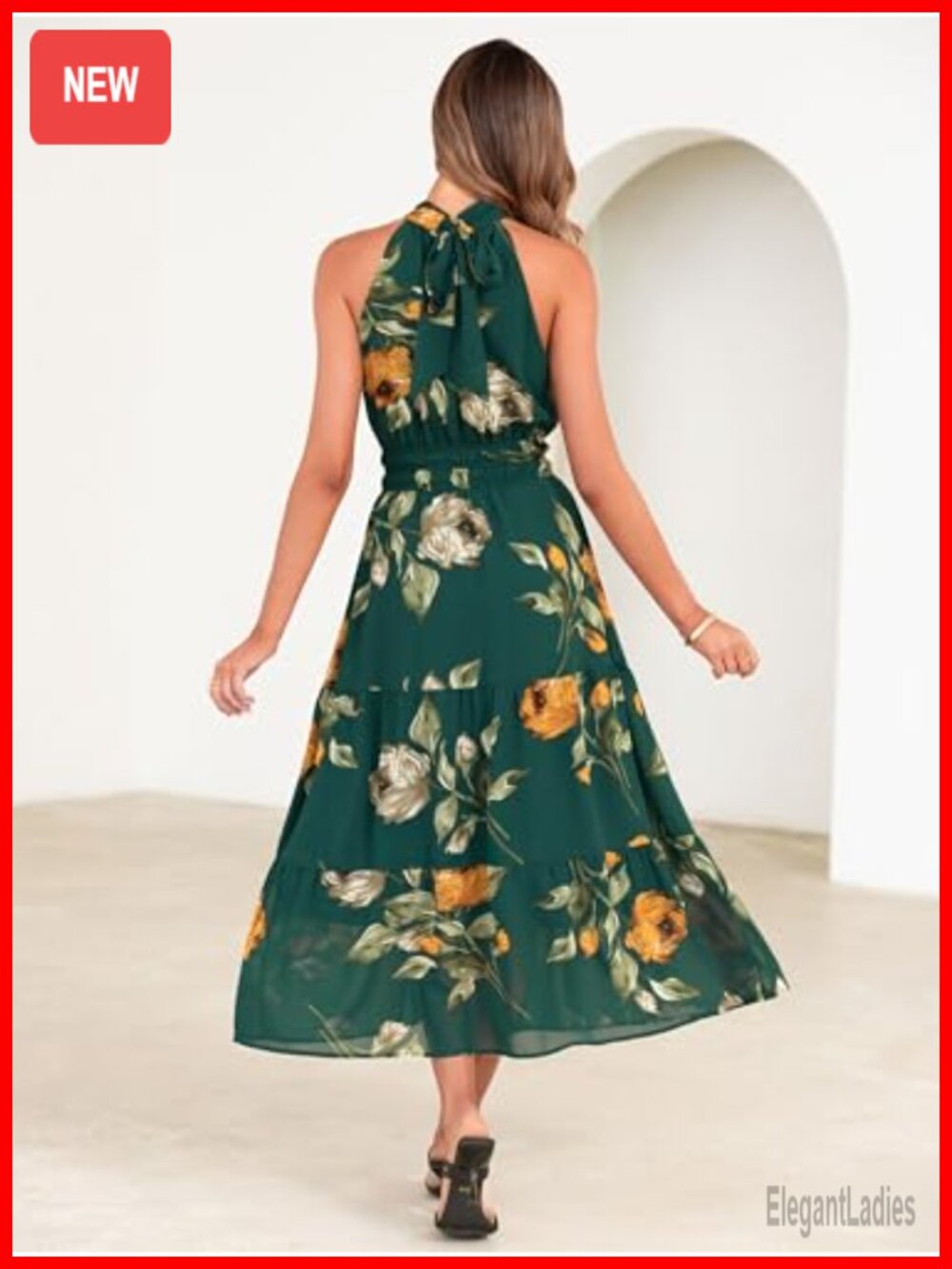 Halter Floral Maxi Dress Smocked Waist Tiered Hem Boho Wedding Guest